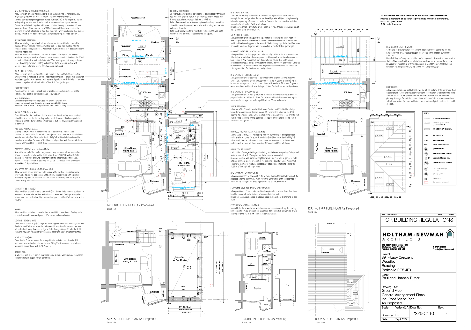 Holtham+Newman Architects will produce a comprehensive drawing package for submission to your local Council’s Building Control department or to an Approved Inspector.
We will provide all the information that is required to satisfy Building Regulation approval.
We will liaise with specialist insulation suppliers and co-ordinate with a SAP Assessor to ensure that the thermal value of the building fabric is met.
We will contact Structural Engineers that we frequently engage with to provide the sizes and specifications of all the structural steel and timber elements including beams, lintels, and roof structure.
The extent of drawing information we produce is frequently praised by appointed Contractors which in turn has created long term working relations.  The comprehensive notes and dimensions annotated ensure that the extent of work to both the existing property and extended works are fully encapsulated to avoid miss interpretation.  